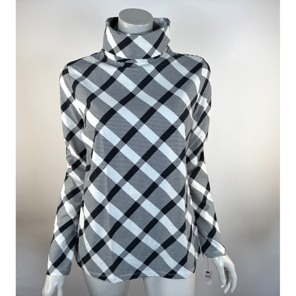 Talbots Plaid Turtleneck Top Women L NWT Long Sleeve Stretch Cotton White Black